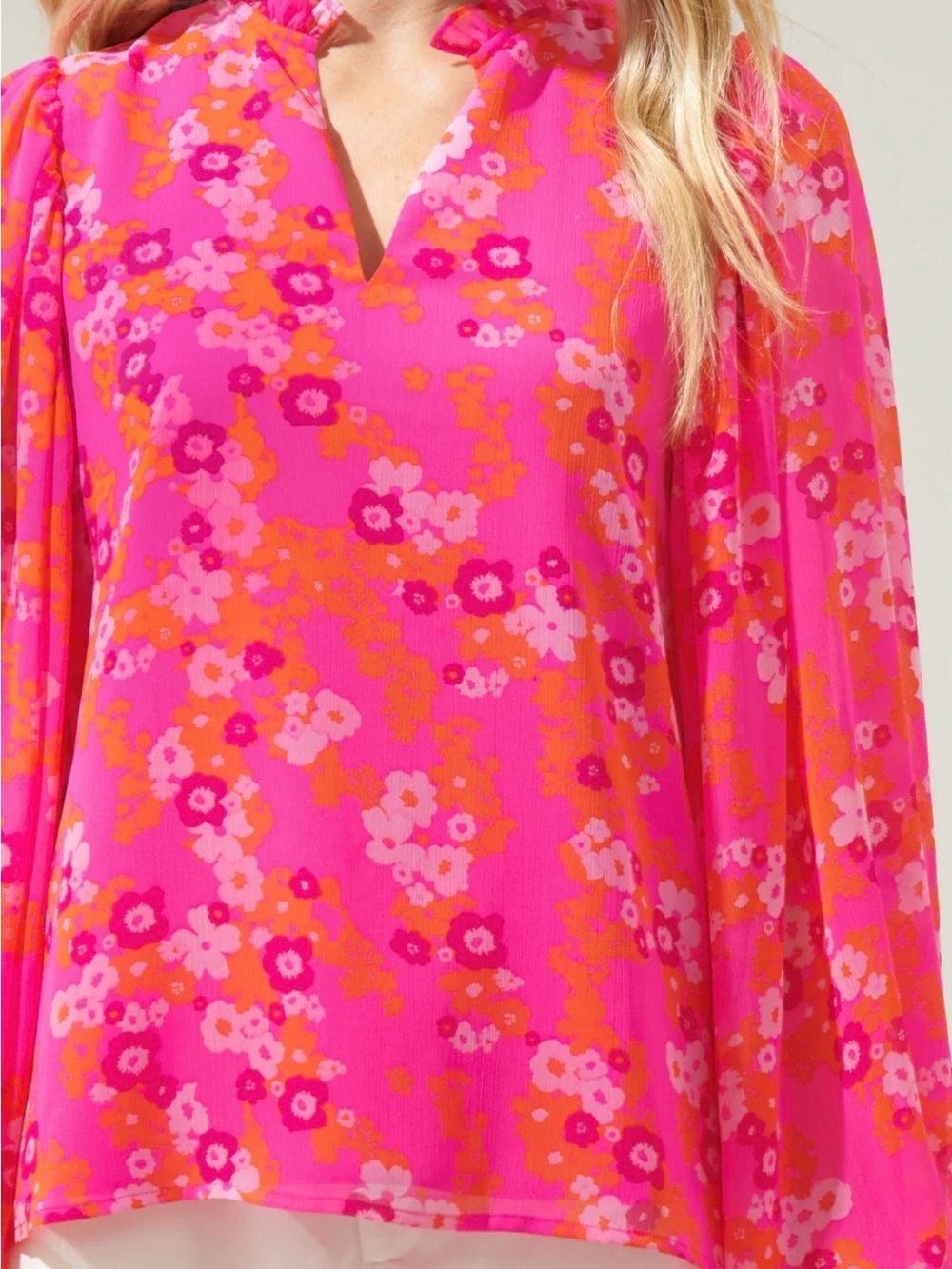 Sugarlips Poppy Punch Hathaway Split Neck Long Sleeve Blouse - Picture 2 of 5